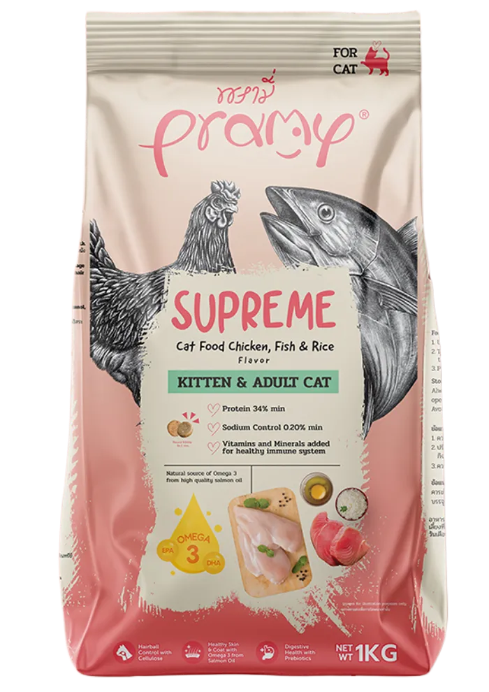 pramy supreme kitten & adult cat chicken, fish & rice