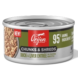 chunks & shreds duck & liver entrée in bone broth