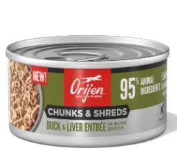 chunks & shreds duck & liver entrée in bone broth